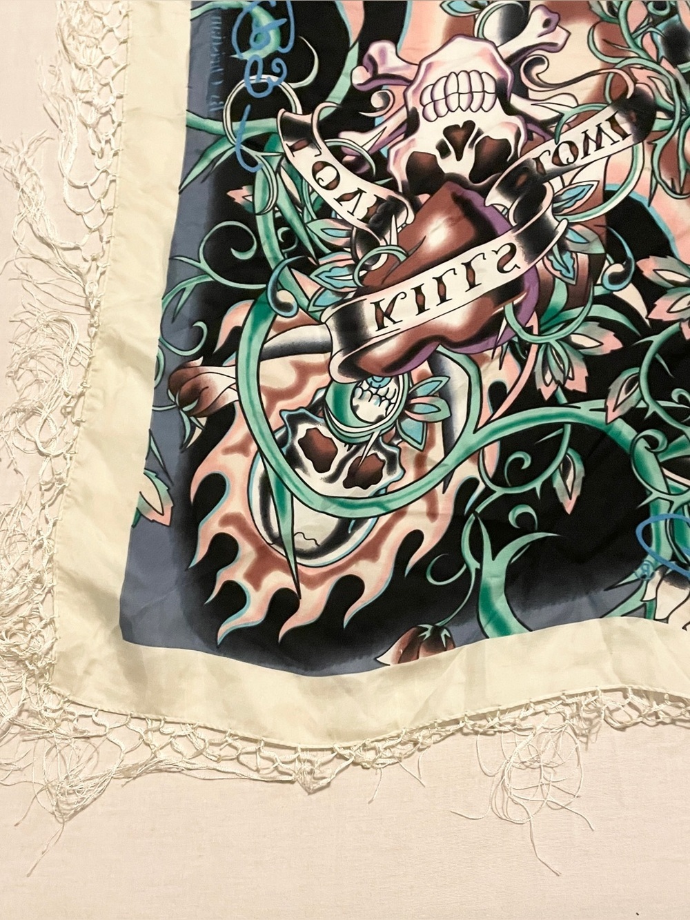 VTG Ed Hardy Christian Audigier Love Kills Slowly Fringe Silk Scarf Shawl - Picture 15 of 16